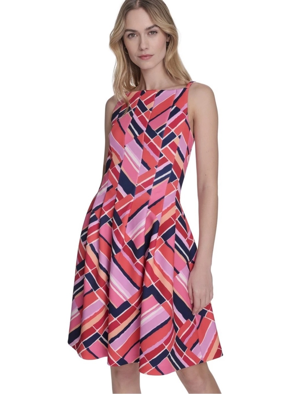 VINCE CAMUTO Multicolor Pink & Navy Geometric Fit-and-Flare Dress MSRP $129 NWT